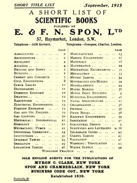 Cover of A Short List of Scientific Books Published by E. & F. N. Spon, Ltd. September 1915